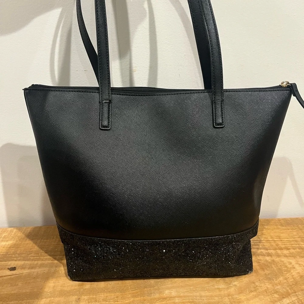 Kate‎ spade ♠️ black leather glitter trim tote bag GUC